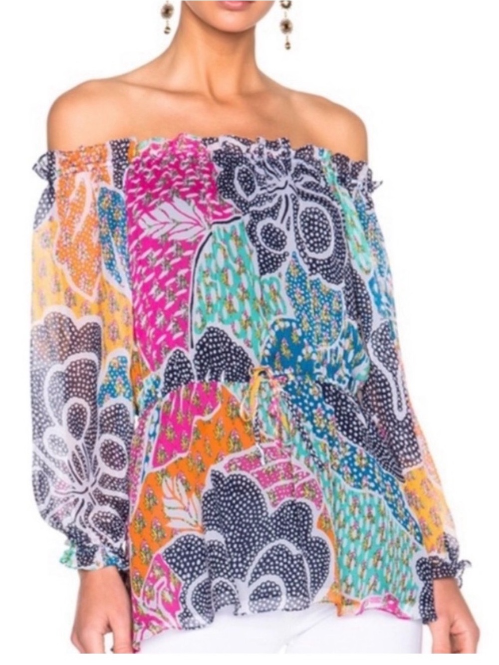 Diane Von Furstenberg Multicolor Off-Shoulder Patchwork Tunic
